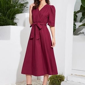 Women Surplice Neck Puff Sleeve Solid Dress